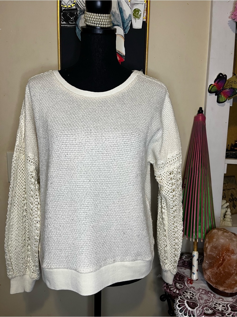 Umgee Cream Open-Knit Sleeve Crewneck Sweater